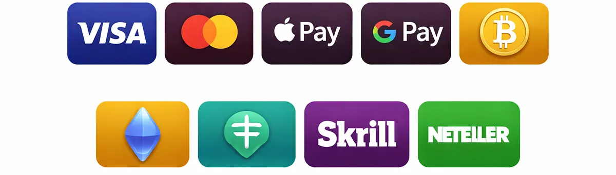 Casino payment methods icons including Visa, Mastercard, Apple Pay, Google Pay, Bitcoin, Ethereum, Tether, Skrill, and Neteller.