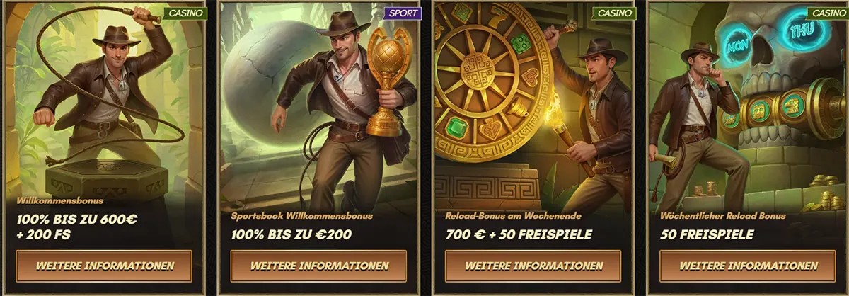 Sankra casino bonus offers including 100% bis zu 600€ + 200 Freispiele welcome bonus, 100% bis zu €200 sportsbook bonus, 700€ + 50 Freispiele weekend reload, and 50 Freispiele weekly reload bonus.