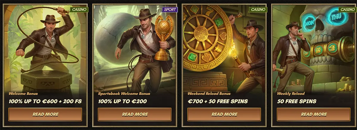 Casino bonus cards featuring an explorer theme with offers including 100% up to €600 + 200 free spins welcome bonus, 100% up to €200 sportsbook bonus, €700 + 50 free spins weekend reload, and 50 free spins weekly reload.