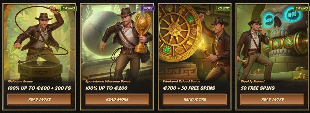Casino bonus cards featuring an explorer theme with offers including 100% up to €600 + 200 free spins welcome bonus, 100% up to €200 sportsbook bonus, €700 + 50 free spins weekend reload, and 50 free spins weekly reload.