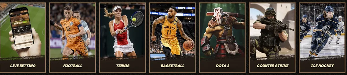 Sports betting categories including live betting, football, tennis, basketball, Dota 2, Counter-Strike, and ice hockey, displayed as promotional cards.