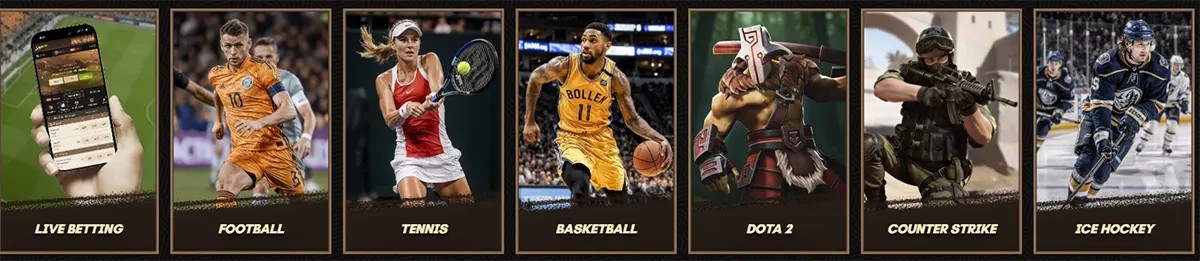 Sports betting categories including live betting, football, tennis, basketball, Dota 2, Counter-Strike, and ice hockey, displayed as promotional cards.