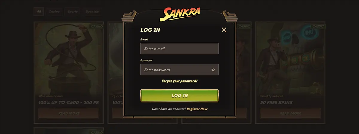 Sankra casino login popup with email and password fields, log in button, password recovery option, and link to register a new account.