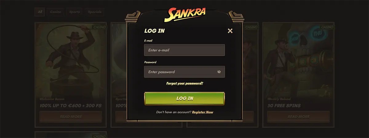 Sankra casino login popup with email and password fields, log in button, password recovery option, and link to register a new account.