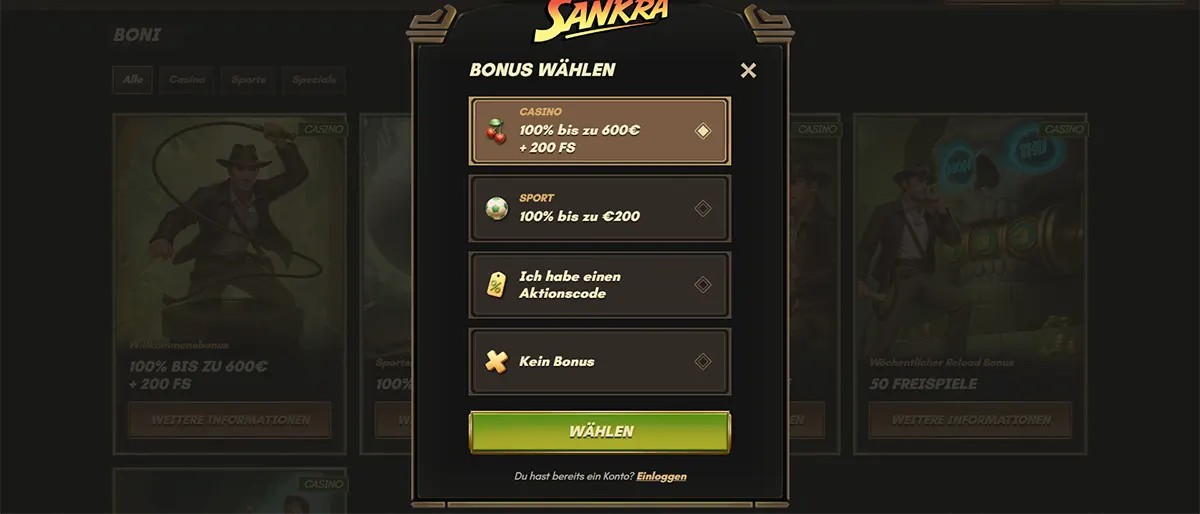 Sankra casino bonus selection window in German offering 100% bis zu 600€ + 200 Freispiele casino bonus or 100% bis zu 200€ sports bonus, with options to enter a promo code or continue without a bonus.